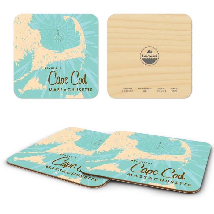 Cape Cod MA birchwood 4x4 inch decorative coaster set by Lakebound - Trays4Us