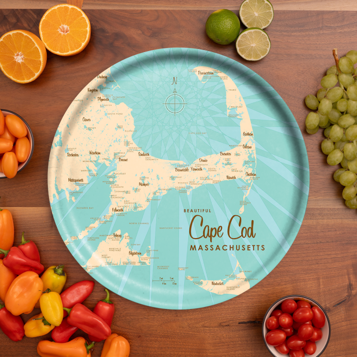 Cape Cod MA birchwood decorative serving tray round 15.7 inch by Lakebound - Trays4Us