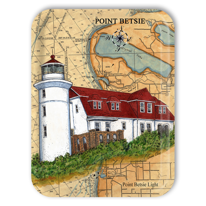 Point Betsie Sea Chart Light MI birchwood decorative serving tray large 16.5x12.5 inch by Donna Elias - Trays4Us