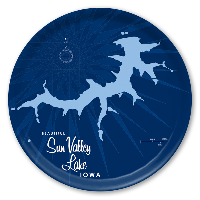 Sun Valley Lake IA - Navy birchwood decorative serving tray round 15.7 inch by Lakebound - Trays4Us