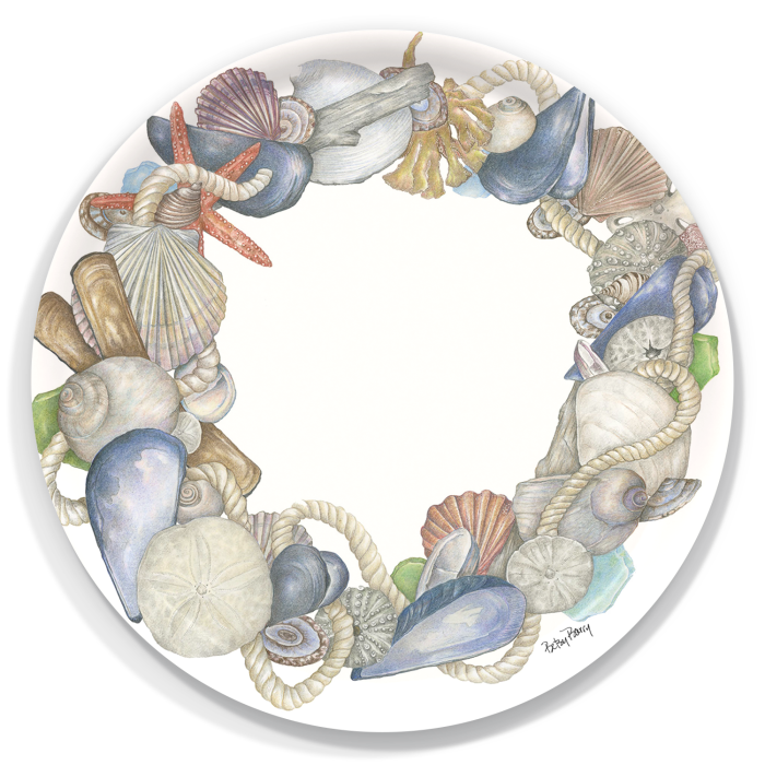 Shell and Rope Wreath birchwood decorative serving tray round 15.7 inch by Betsy Barry - Trays4Us