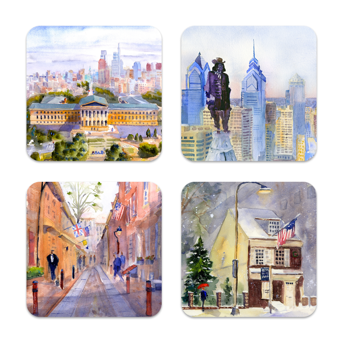 Philadelphia Coaster Set birchwood 4x4 inch decorative coaster set by Clement DaVinci - Trays4Us