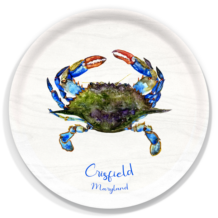 Blue Crab with namedrop birchwood decorative serving tray round 15.7 inch by Valerie Paul - Trays4Us