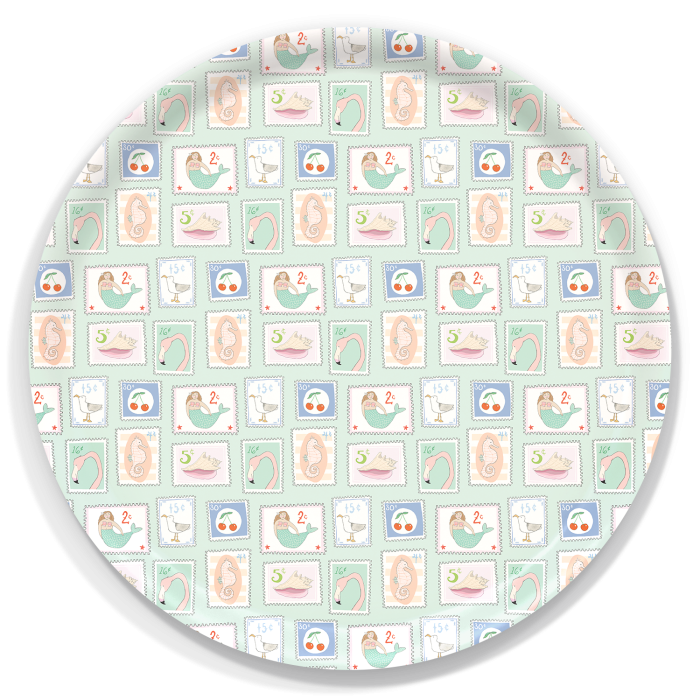 stamps birchwood decorative serving tray round 15.7 inch by Sara Fitz - Trays4Us