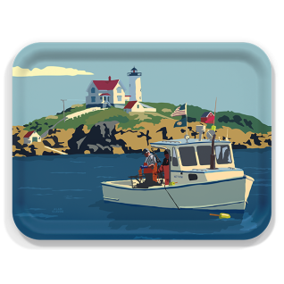 Lobstering at The Nubble birchwood decorative serving tray large 16.5x12.5 inch by Alan Claude - Trays4Us