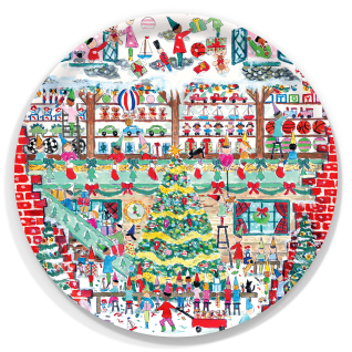 Santa Toy Shop birchwood decorative serving tray round 15.7 inch by Michael Storrings - Trays4Us