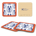Lobster Damask Pattern - Blue birchwood 4x4 inch decorative coaster set by Kate Nelligan - Trays4Us