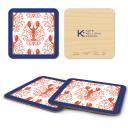 Lobster Damask Pattern - Red birchwood 4x4 inch decorative coaster set by Kate Nelligan - Trays4Us